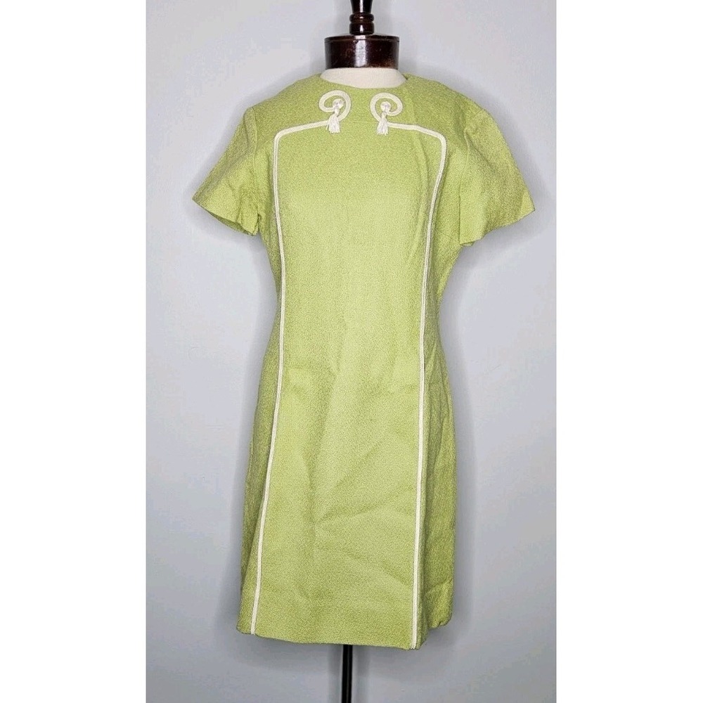 Vintage 1960s Alison Ayres Shift Dress Green White Trim Tassel Mod A-Line L/XL